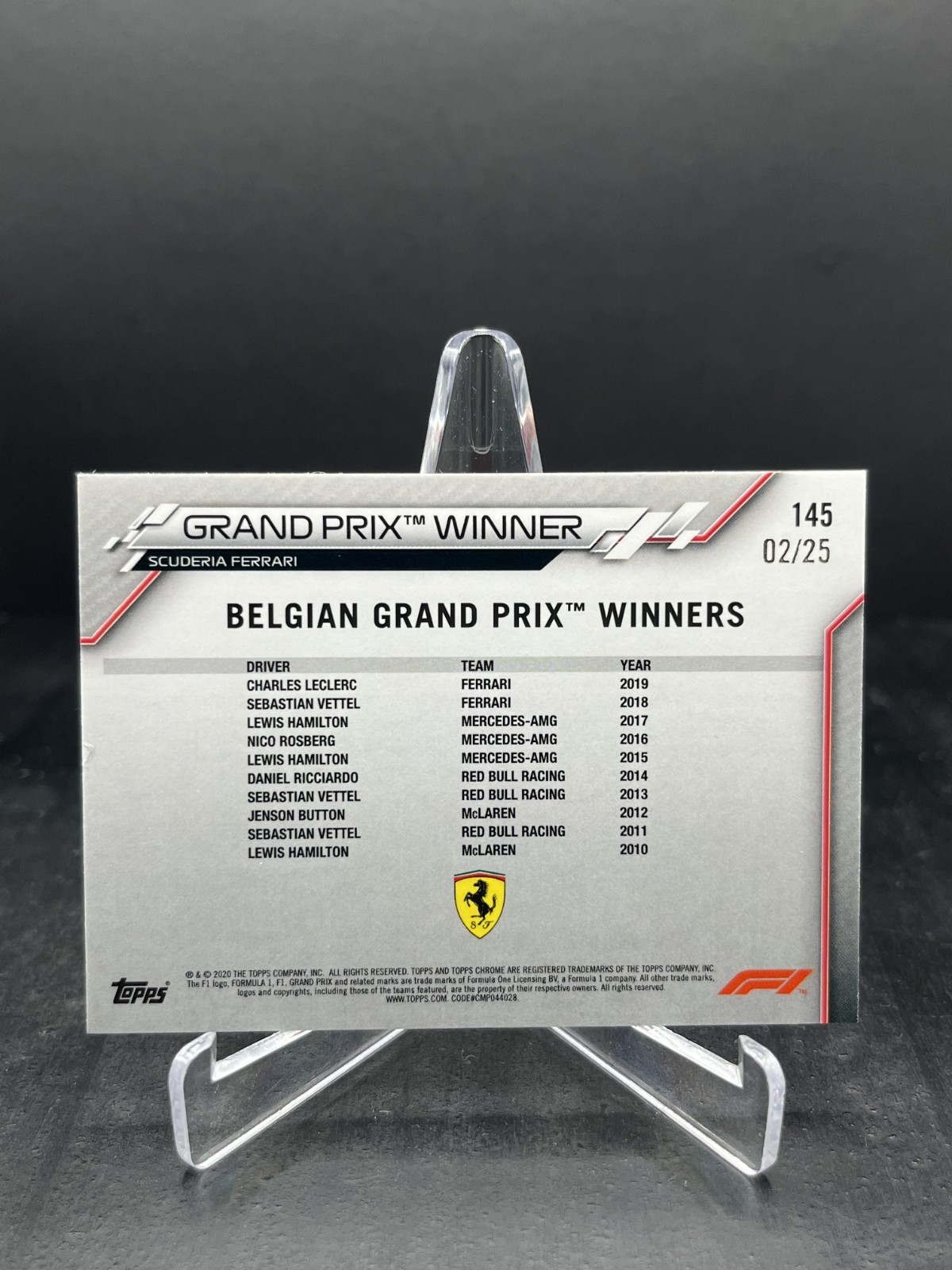 2020 Topps Chrome F1 Charles Leclerc Belgium GP Winner Orange Wave 02/25 #145 view 2