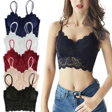 Sexy Women Lace V Neck Padded Lingerie Crochet Bralette Bra Crop Top Cami Tank