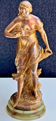 CH Perron ''Überraschung'' Jugendstil vergoldet Spelter Mädchen Figur Onyx Sockel um 1900