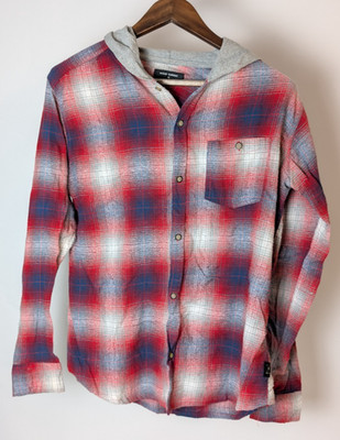 Ocean Current Hooded Shirt Large Red Blue Grey Plaid Layering