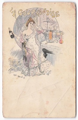 1899 Jack Abeille LA GOURMANDISE Art Nouveau Woman Champagne Postcard