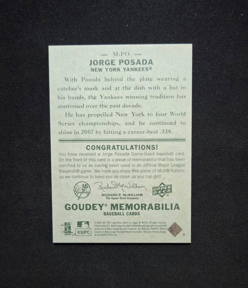 2008 Jorge Posada Upper Deck Goudey Memorabilia #M-PO - Image 2 of 2