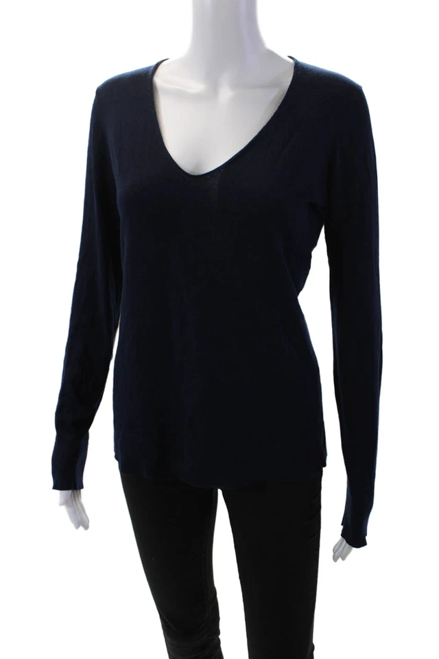 Suéter Barneys New York Mujer Seda Mangas Largas Cuello en V Azul Marino Talla Mediana Foto 2 de 4