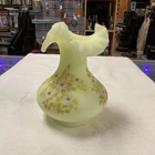 Vintage Fenton Satin Custard Glass Vase Crimped Rim Hand Painted Signed Glows