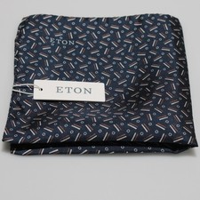 Eton NWT 100 Silk Pocket Square In Blue with White Orange Geometric Print