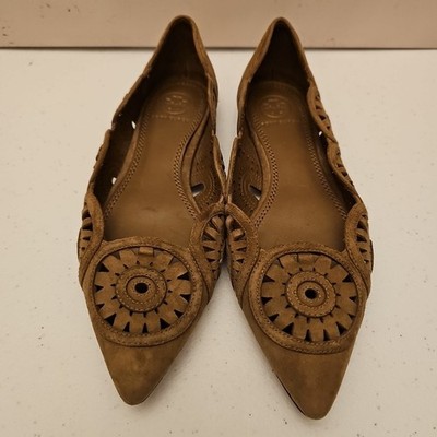 Tory Burch Leyla Suede Cutout Flats Brown Leather Size 5.5m Pointed Toe