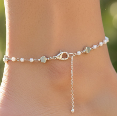 Elegant Brass Anklet Silver Plated Minimalist Pearl and Floral Designer Anklet
