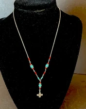 Silver Tone Chain & Cross Necklace Red Turquoise Beads Dainty 15” Lobster clasp