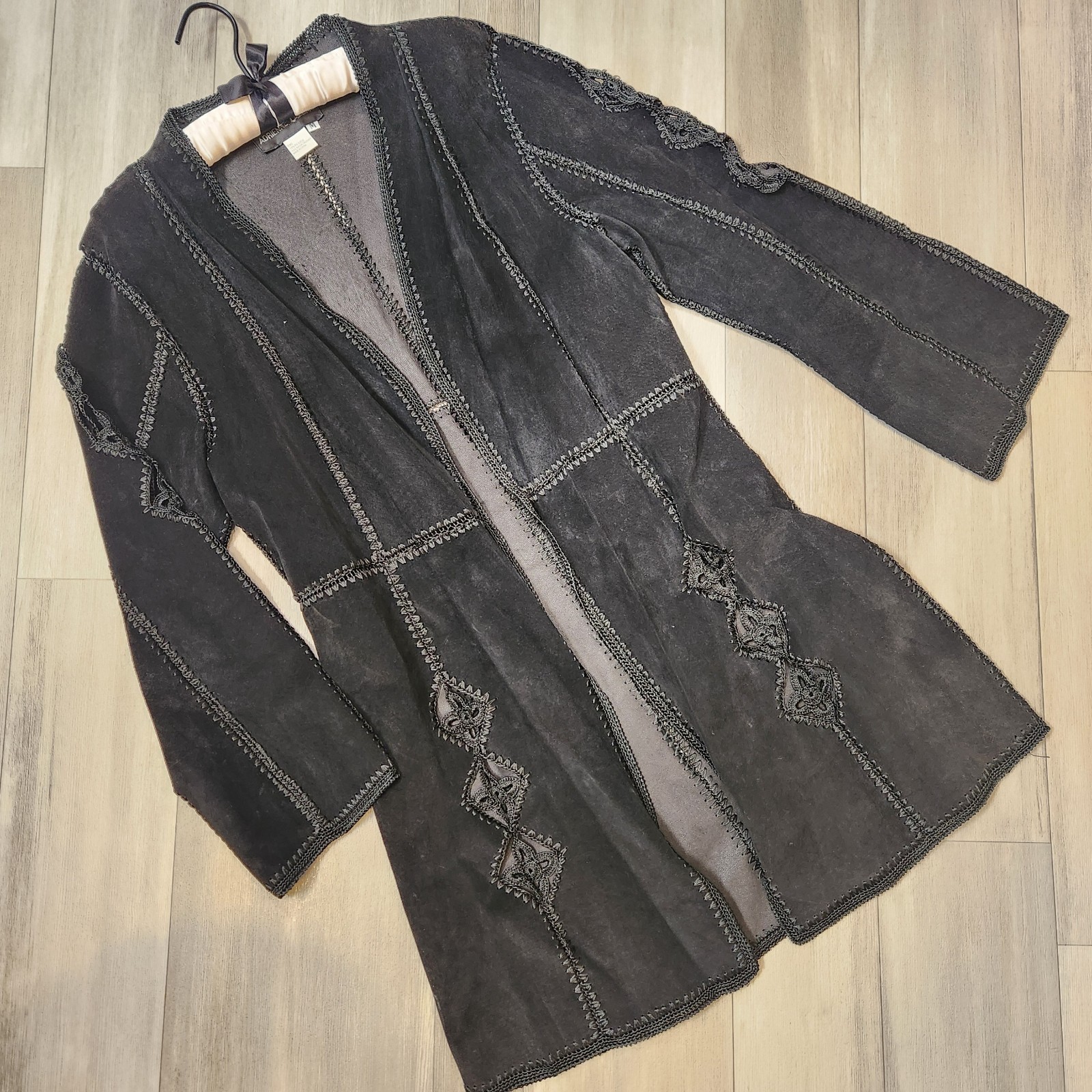 Adrienne Landau cardigan women's M black suede crochet jacket boho folk artsy