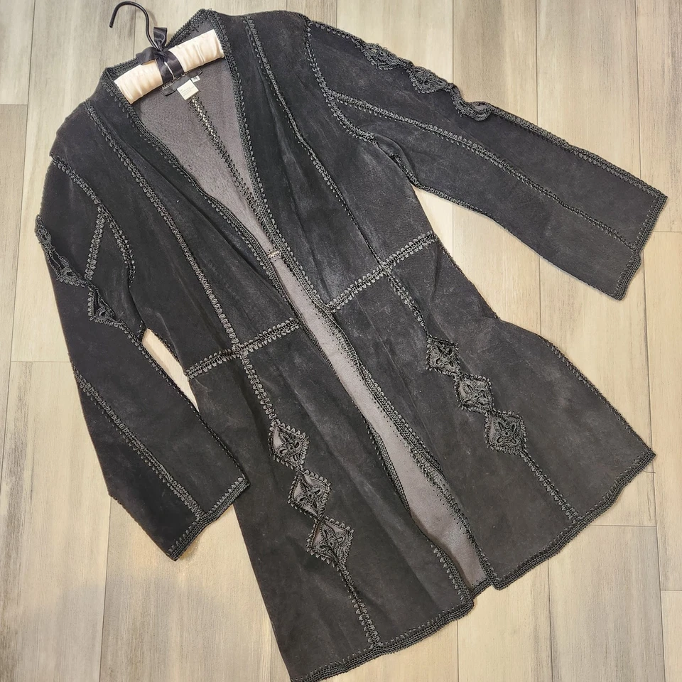 Adrienne Landau cardigan women's M black suede crochet jacket boho folk artsy - Image 3 of 4