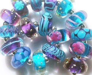 FRISKEY handmade Lampwork Art Glass Beads Aqua & Purple !!!