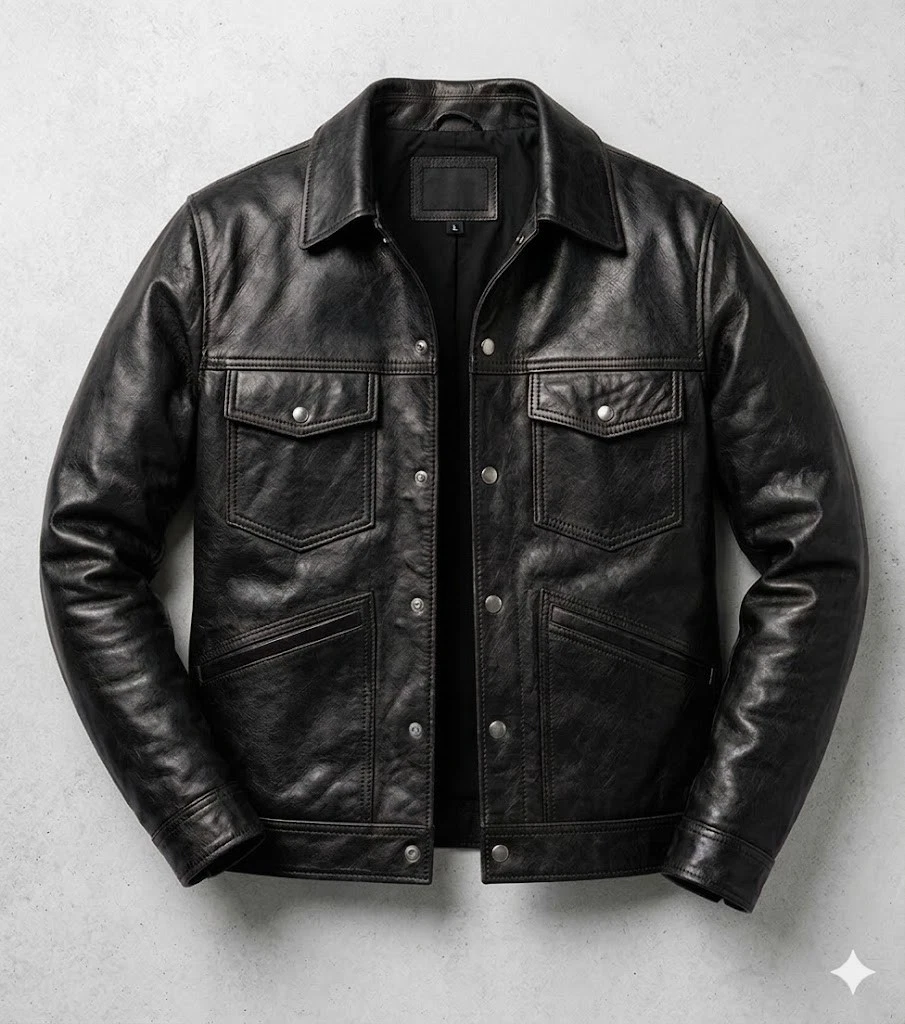 Men Black Leather Cafe Racer Jacket Classic Trucker Style Motorcycle Biker Coat