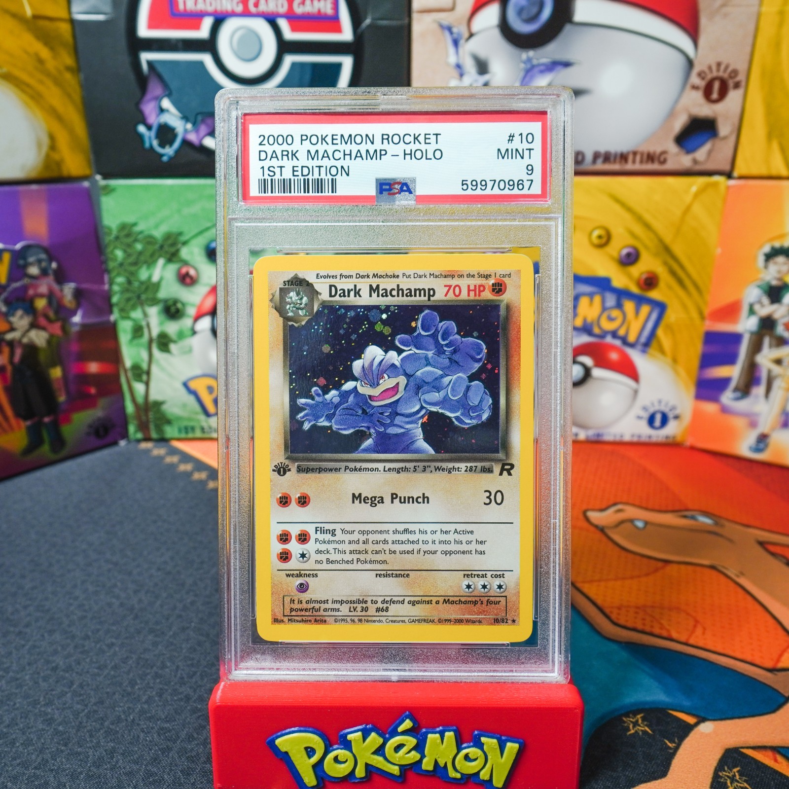 PSA 9 MINT 2000 Pokemon Team Rocket 1st Edition Dark Machamp 10 Holo