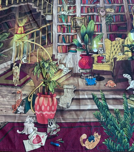 Cats & Owls In Bookstore Library Fabric Wall Hanging Poster Whimsical - Picture 2 of 9