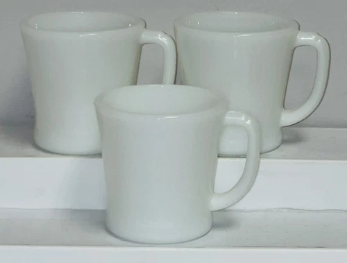 3 Anchor Hocking Fire King WHITE D-HANDLE MUGS *  SIGNED OVEN WARE  *
