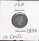 USA BARBER DIME 1899 LIBERTY HEAD RIGHT,DATE BELOW,VALUE WITHIN WREATH,SCRIPT:LA