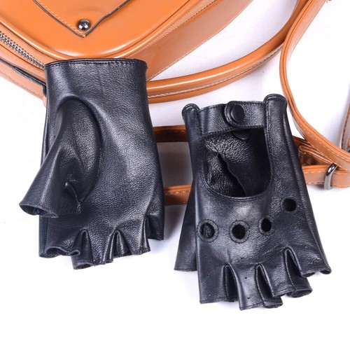 Men's Real Leather Unlined Gold Silver Fingerless Half Finger Mitts Short Gloves - Picture 13 of 17