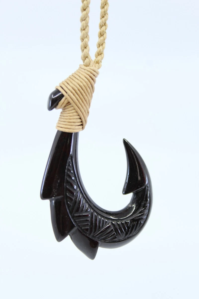 Hawaiian Fish Hook Necklace (Black Buffalo Bone) - Hand Carved