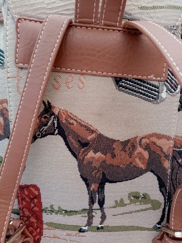 Signare Backpack Ruck Sack Bag Horses Multi Tan Tapestry Equestrian Travel - Picture 13 of 17