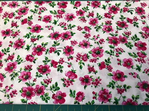 Pink Flowers On White 100% cotton fabric sold by the yard #179