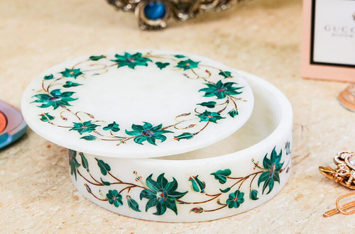 12.7cmx12.7cmx2 " Weiß Italia Marmor Malachit Inlay Blumen Kunst Schmuck Box - Picture 5 of 9