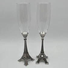 PAIR GODINGER SILVER ART COMPANY EIFFEL TOWER STEMED CHAMPAGNE FLUTE SET OF 2