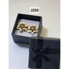 Gold Tone Flower Stud Earrings with Cream Petals and Clear Rhinestone Center