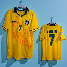 BRAZIL Home World Cup 94 - Soccer - Jersey Retro - BEBETO # 7 - SMALL (RunSmall)