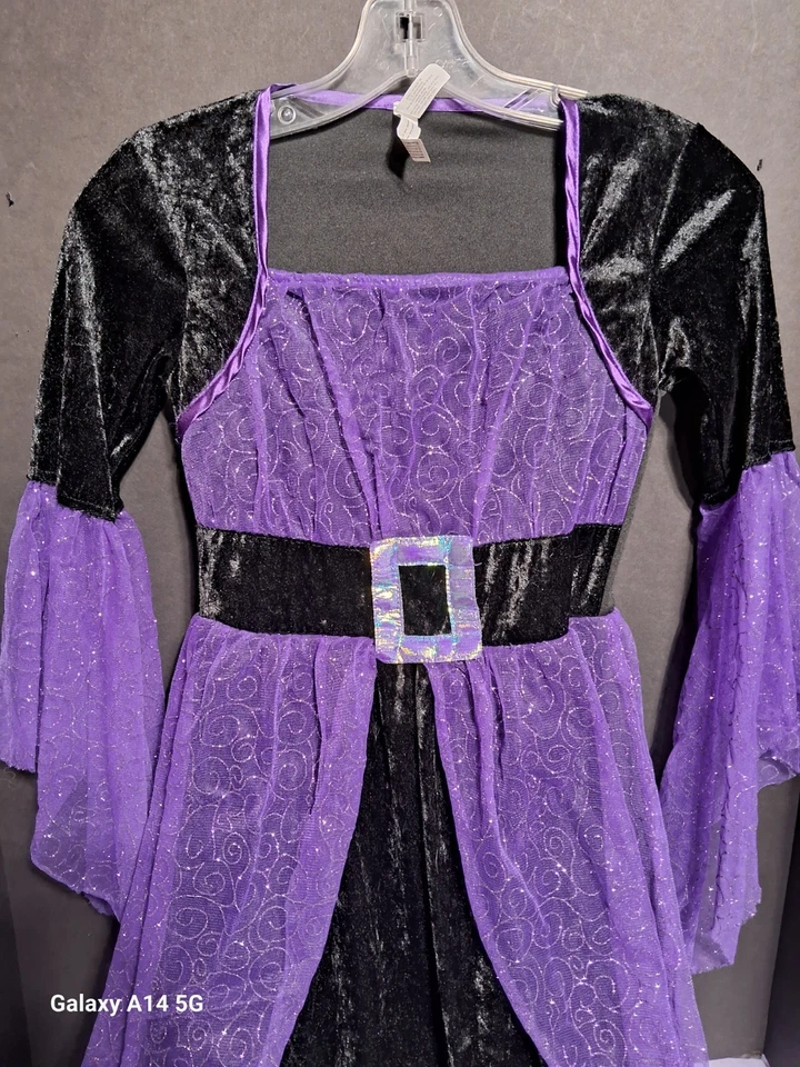 Niña Bruja Halloween Disfraz Talla 10-12 Grande Negro con Gorra Terciopelo Morado  Foto 4 de 4