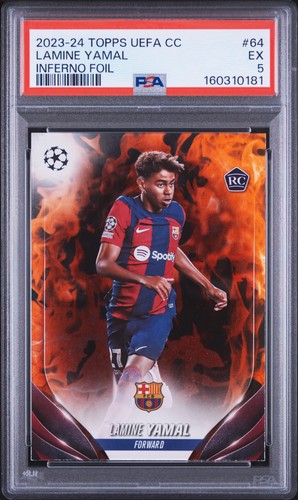 2023-24 TOPPS UEFA CLUB COMPETITIONS INFERNO FOIL #64 LAMINE YAMAL ROOKIE PSA 5