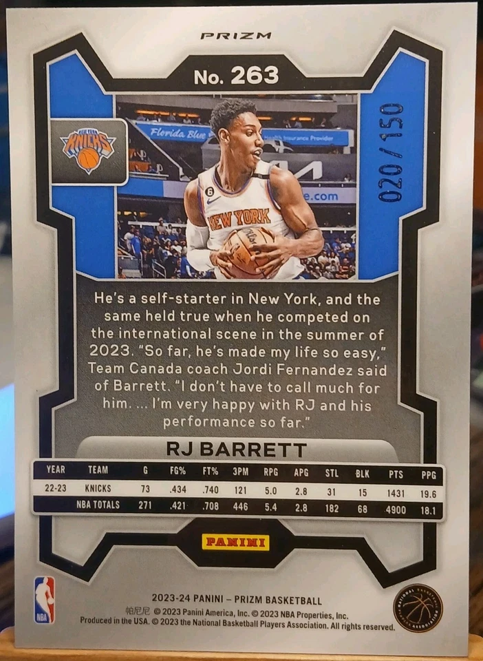 2023-24 Panini Prizm RJ Barrett Knicks Fast Break Blue Disco/150 SP #263 casi nuevo-como nuevo Foto 2 de 2