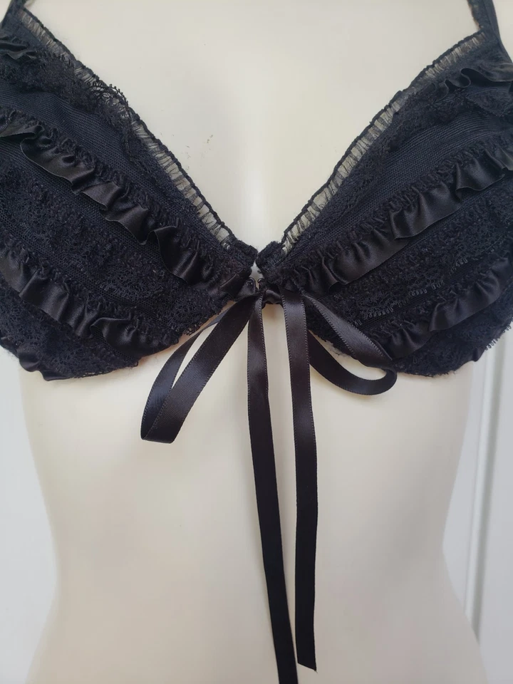Sujetador vintage Y2K Victoria's Secret negro satinado con volantes cierre frontal talla 36C NUEVO Foto 4 de 4