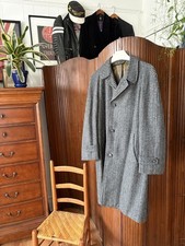 Men’s Vintage Harris Tweed Gray Scottish Wool Trench Top Coat Overcoat L 42-44