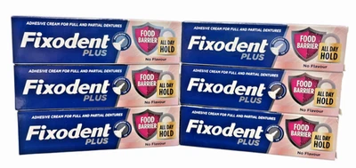 Fixodent Plus Food Barrier Denture Adhesive all day Cream NO Flavour | 6 X 40g
