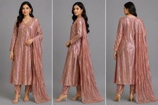 Women’s Rose Gold 3 Piece Pakistani Indian Kurta Pants Dupatta Set A43