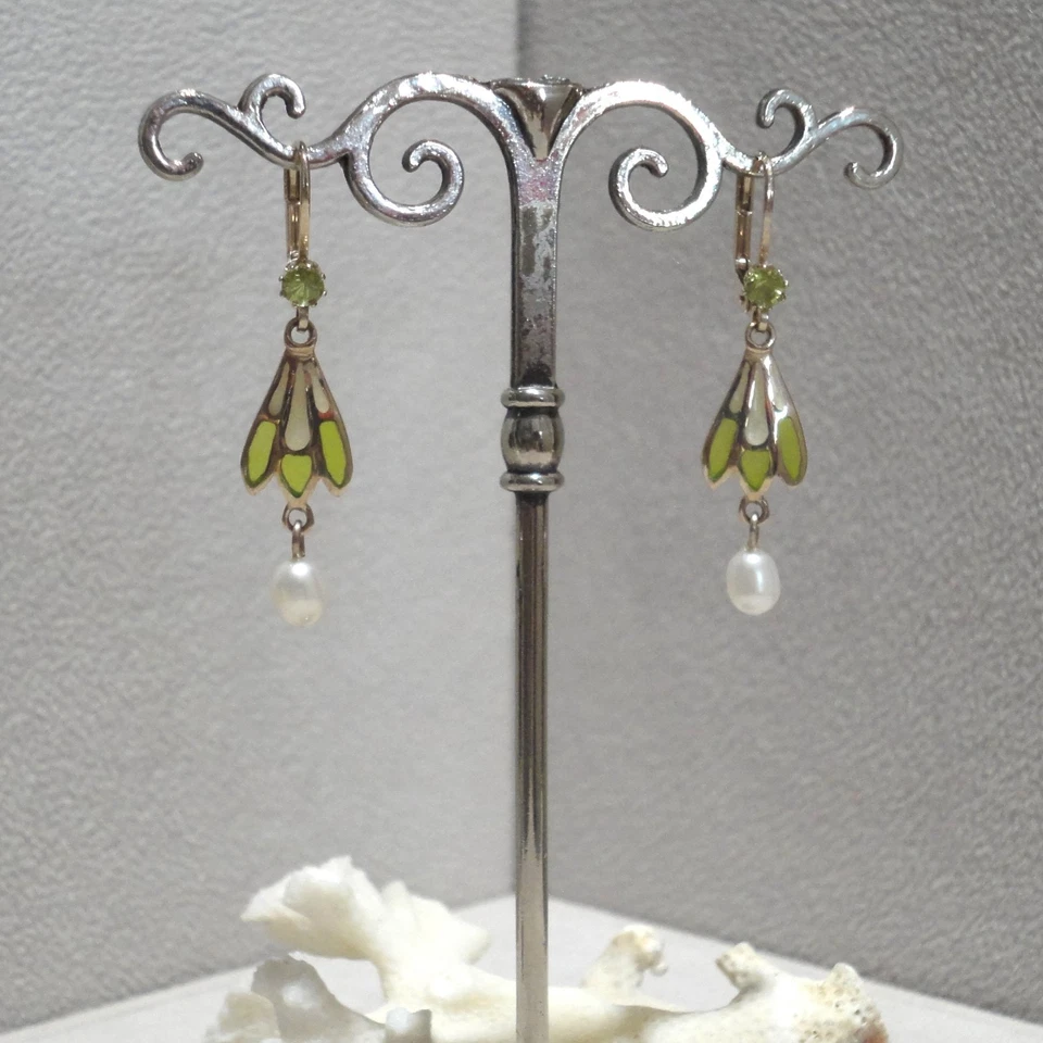Jugendstil Schmuck Peridot Ohrringe Perle Emaille Silber 925/- gelb vergoldet - Bild 3 von 4