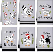 Set of 6 Farm Chickens Kitchen Towels Farmhouse Absorbent Dish Tea Towels Rus...
