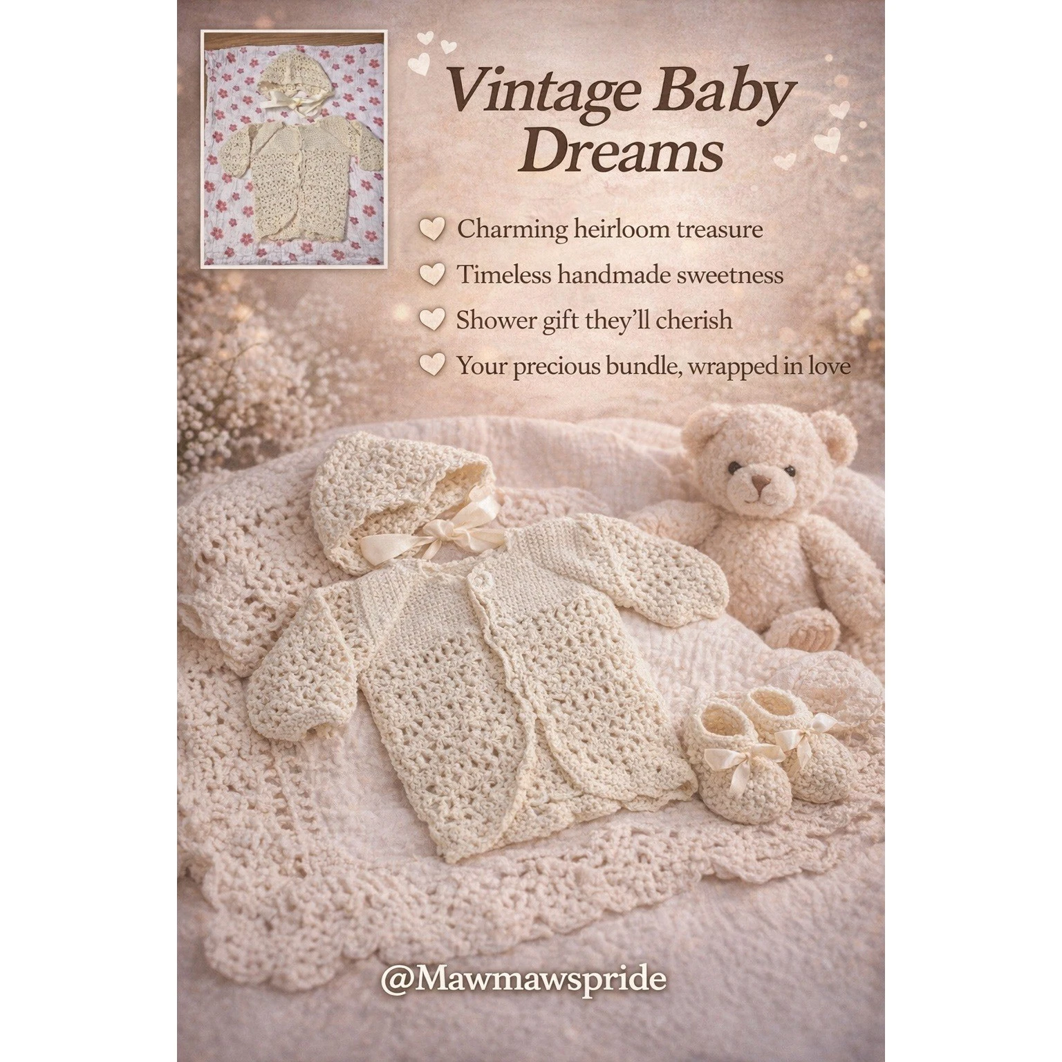 VINTAGE BABY Handmade Crochet Baby Sweater and Bonnet Set Cream Newborn Outfit