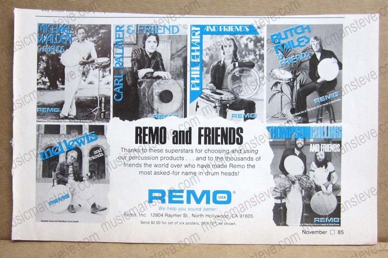 1970s REMO PERCUSSION print ad - shows six "superstars" that choose REMO product
