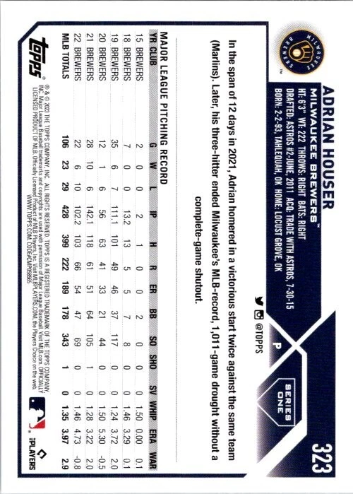 2023 Topps Series 1 Baseball Base #323 ADRIAN HOUSER - Image 2 of 2