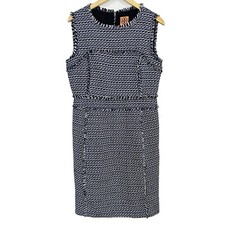 Tory Burch Petula Dress Blue Tweed Sheath Sleeveless Fringe Women’s Sz 12 NWOT