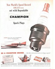1950 Champion Spark Plugs Vintage Print Ad New World's Speed Record 
