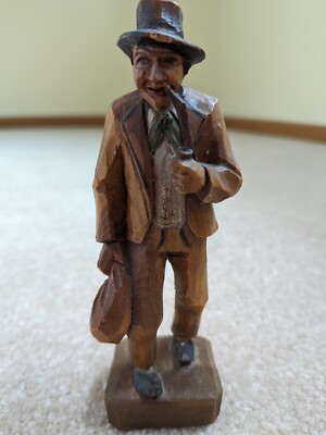 VTG WOOD FIGURINE P. MAEDER SWITZERLAND HAND CARVED MAN SMOKING PIPE