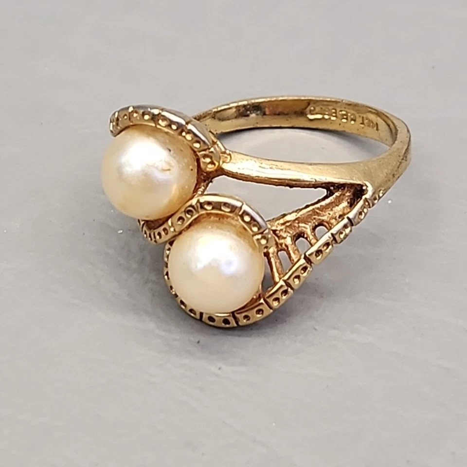Anillo de perlas de imitación doble relleno de oro de 14 quilates ESPO 6,75 Foto 2 de 4
