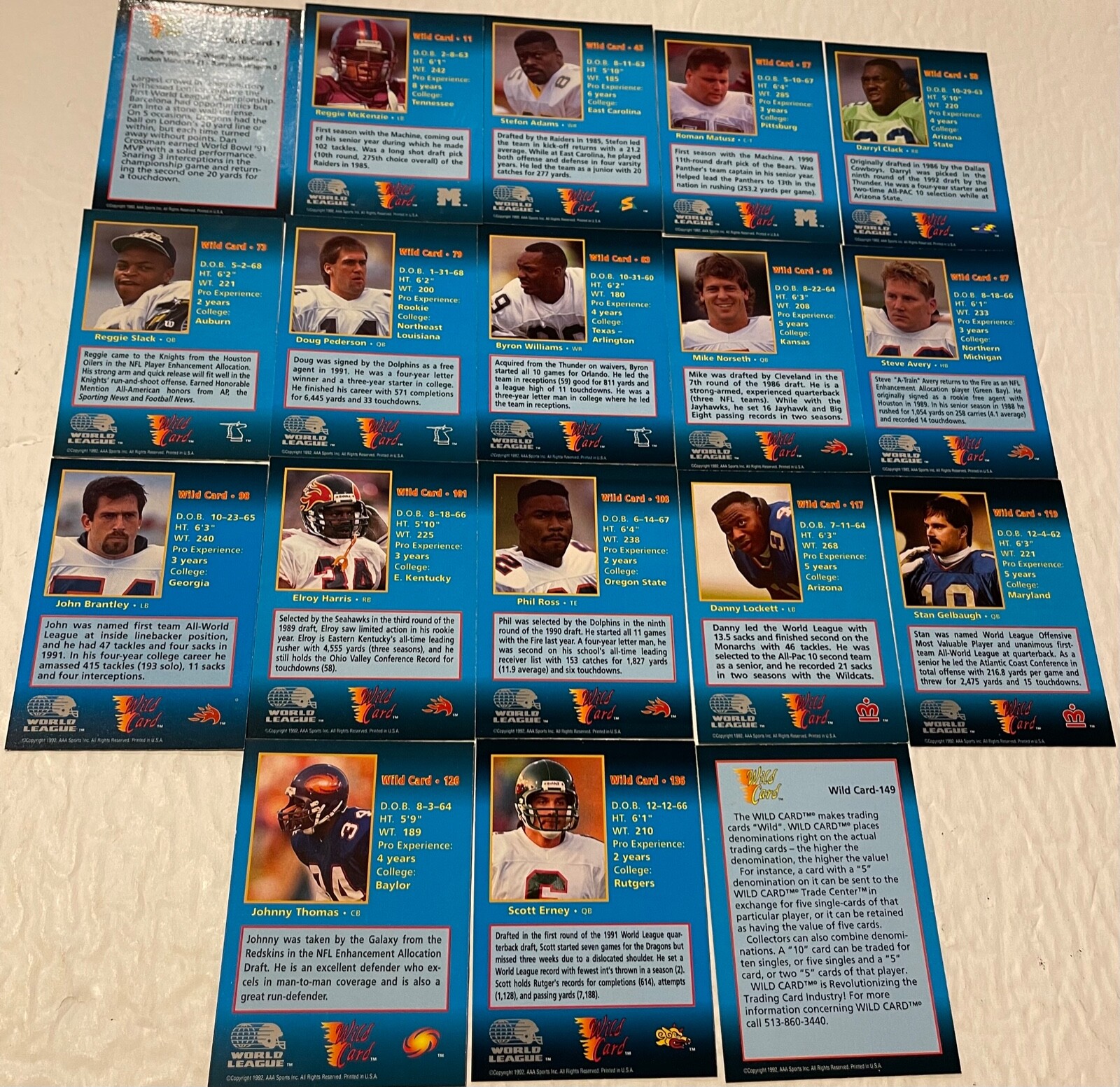 1992 Wild Card World League Football Cards Complete Your Set, You Pick