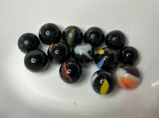 13 Vintage BLACK Glass Marbles - Variety Swirls and Solids - Mixed Lot