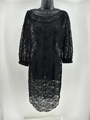 Teri Jon Black Lace Gown Maxi Dress Sheer Cover Up Jeweled Long Sleeve Size  10 | eBay