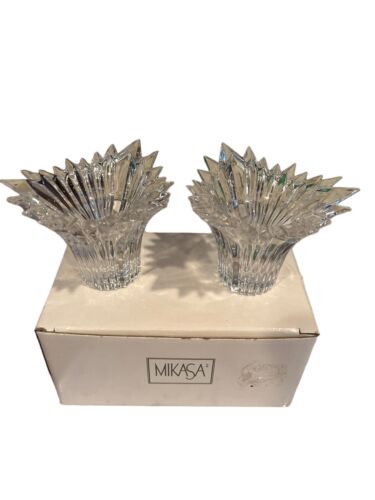 NIB Mikasa Dante Candlestick Taper Crystal Candle Holder - Set of 2 - Afbeelding 1 van 5