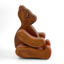 Vintage Wooden Hand-Carved Jointed Teddy Bear With Movable Limbs Painted Face