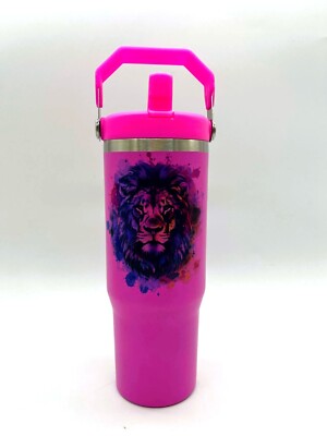 Großer Becher mit Löwenmotiv Hot Pink Heiß- und Kaltgetränke 30 Unzen Schwingdeckel mit Strohhalm